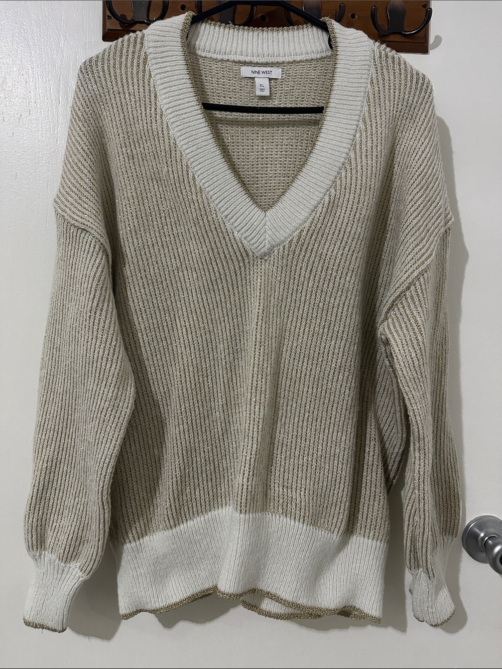Madewell Two-Tone V-Neck Ribbed Sweater - Gold & Cream